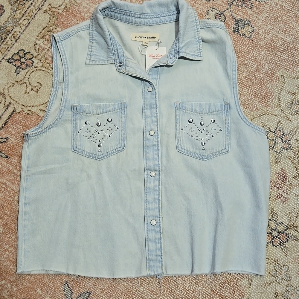 Lucky Brand Lightweight Studded Sleeveless Button Down Denim Top Size M